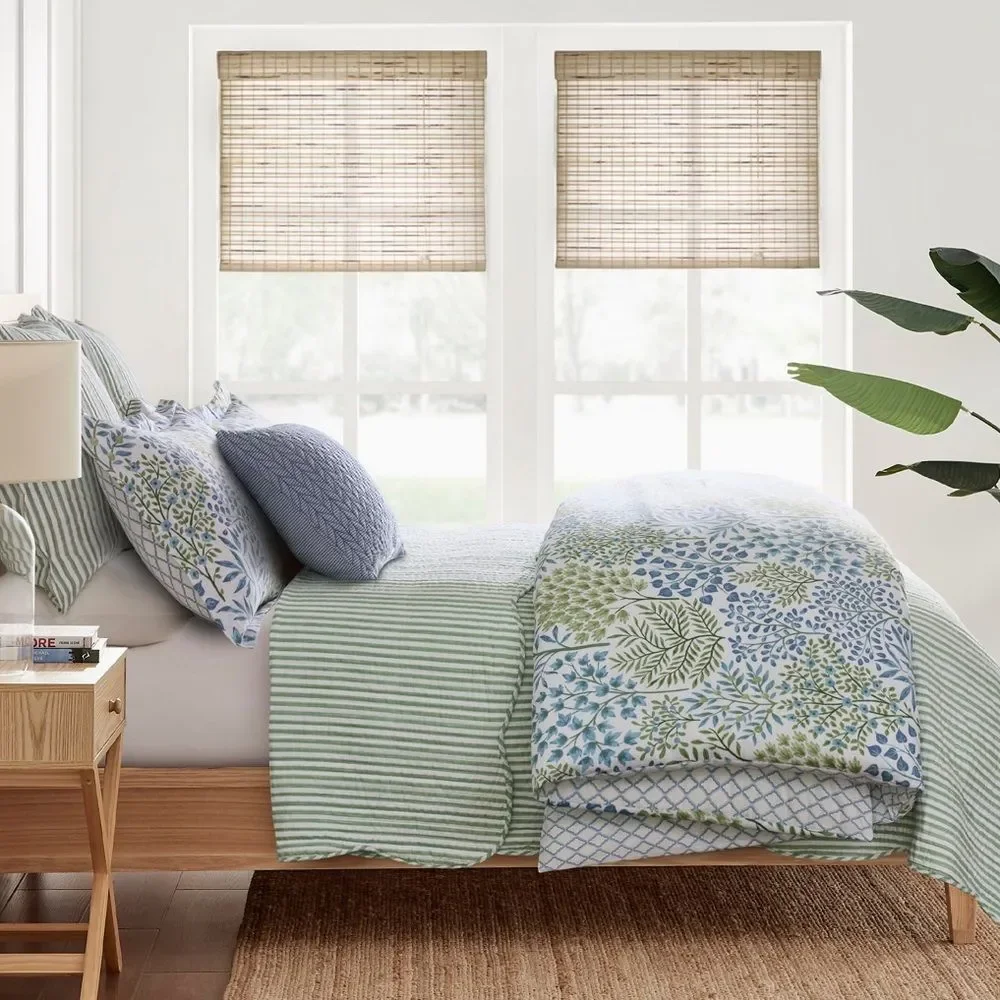 🆕 PB Style Green & White Striped Cotton Quilt Coverlet Scalloped Trim Set NWT